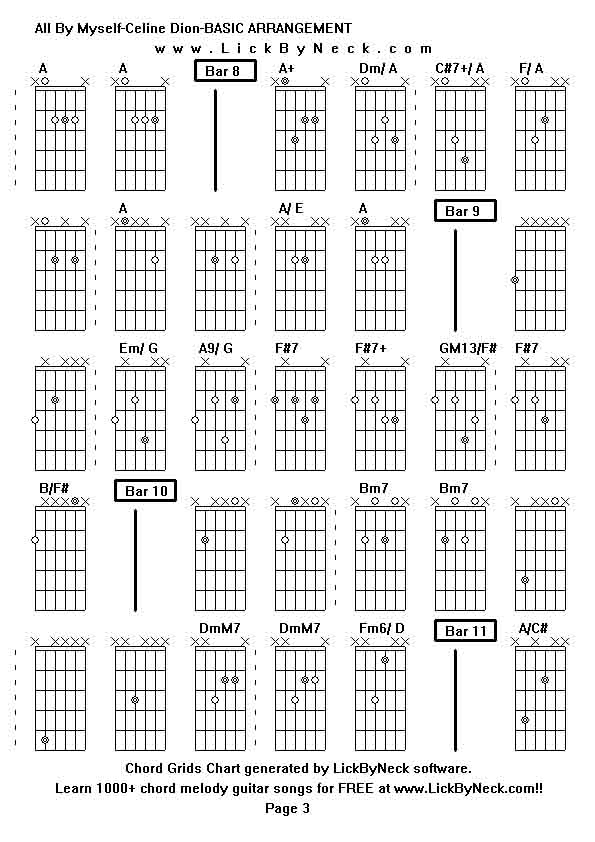 Chord Grids Chart of chord melody fingerstyle guitar song-All By Myself-Celine Dion-BASIC ARRANGEMENT,generated by LickByNeck software.